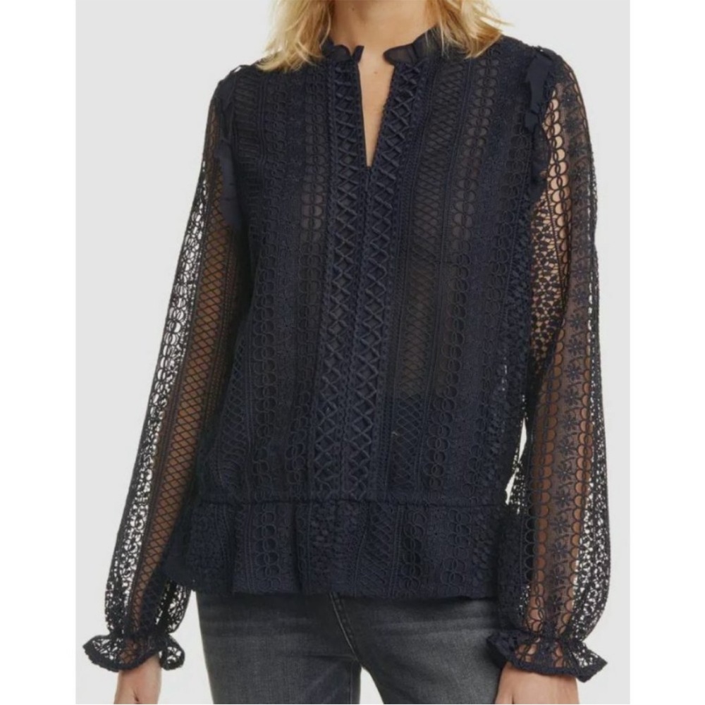 Ted Baker London Embroidered Eyelet Long Sleeve/ Mock Neck/ Semi Sheer Top
